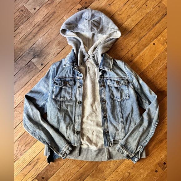 Free People Light Blue Distressed Jean Jacket with Gray Hoodie - Picture 1 of 4